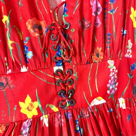 THE KOOPLES Floral Satin Puff Short Sleeve Lace Up Front Ruffle Hem Mini Dress S - Picture 11 of 12